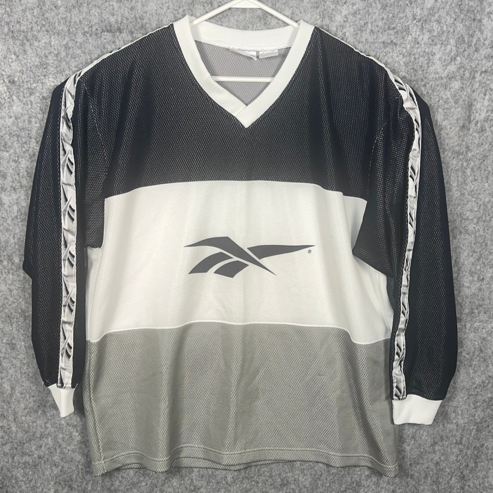 Vintage Reebok Men's Large Mesh Jersey Long‎ Sleeve Colorblock Logo Black White